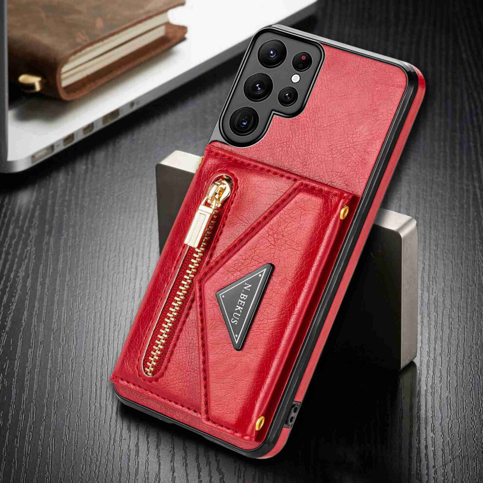 Samsung Galaxy S22 Ultra 5G Case Â Crossbody Wallet With Magnetic Kickstand, Zipper Pocket & Adjustable Leather Strap Â Red 9336866737721
