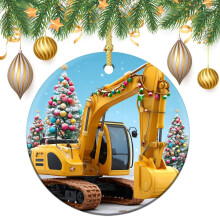 Yellow Construction Truck Ornament – Two-Sided Printed Ceramic Excavator, Elegant Christmas Tree Decor, Compatible with Standard Hooks