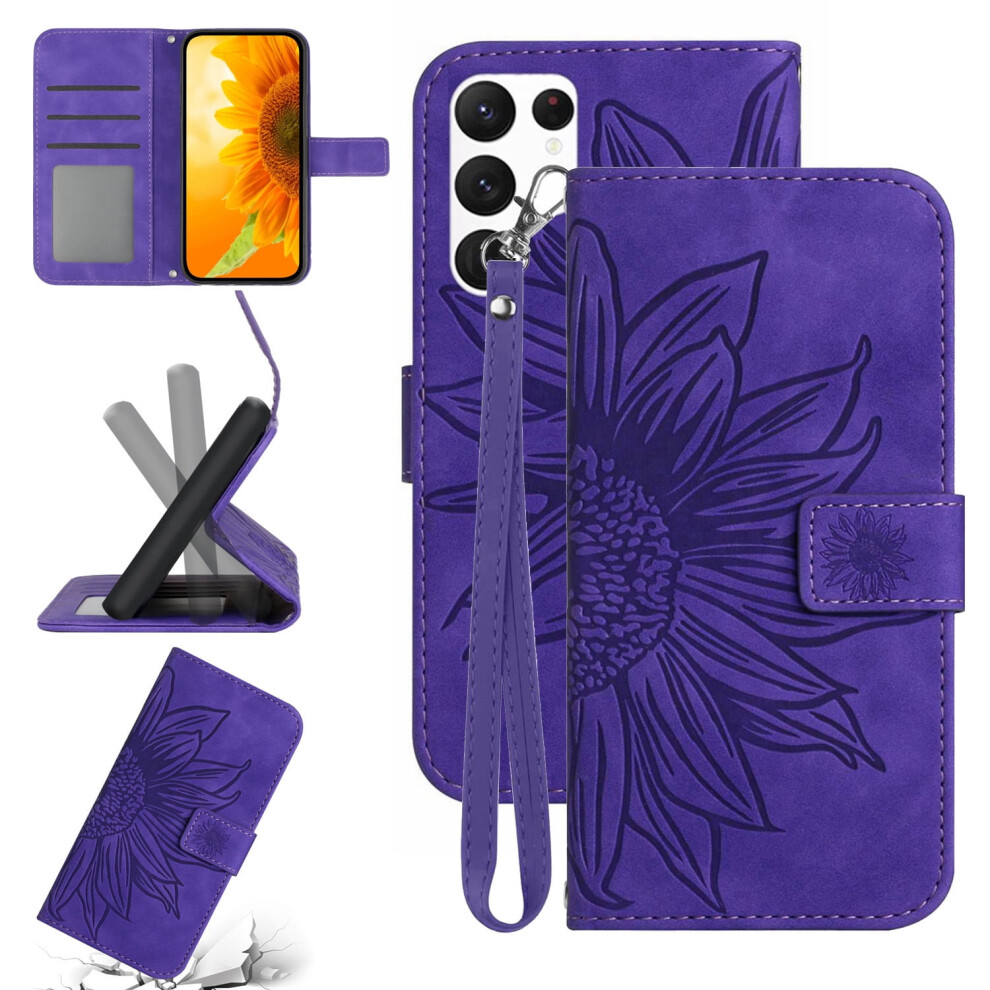 Slim Wallet Case For Samsung Galaxy S22 UltraâSunflower Pu Leather Flip Cover With Magnetic Closure, Card Slots, Kickstand & Hand Strap, Dark Purple 9336866739466