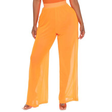 Women's Wide Leg Flowy Linen & Denim Pants, Compatible with Swim Trunks & Mesh Bikini Bottoms – Orange, 2XL