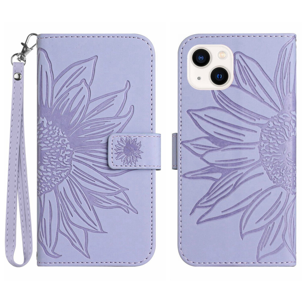 Lightpurple Sunflower Wallet Case With Wrist Strap For Iphone 14 6.1" (2022) Â Pu Leather, Shockproof, Magnetic Flip Stand, Card Slots, Compatible 9336866739404