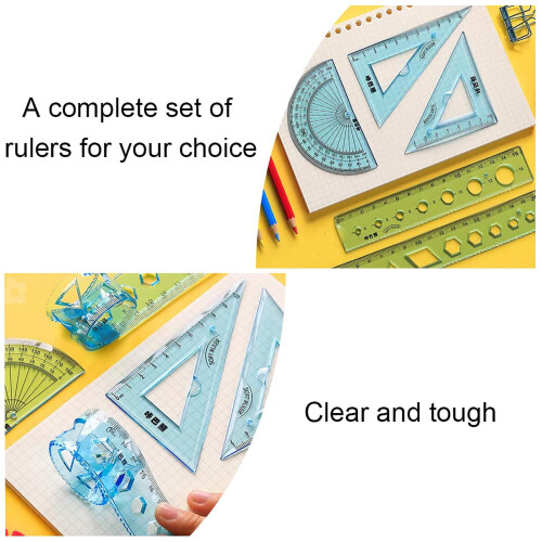 Flexible Plastic Ruler 4 Piece Set Bendable Unbreakable Measuring Kit Includes 2 Triangle Rulers Protractor Centimeter Scale Tool Office 2