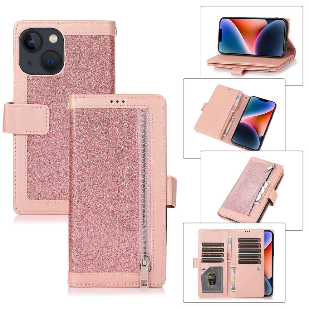 Sparkle Glitter Wallet Case For Iphone 13 Â Pu Leather, Magnetic Kickstand, Zipper, Wrist Strap, Pink 9336866739527