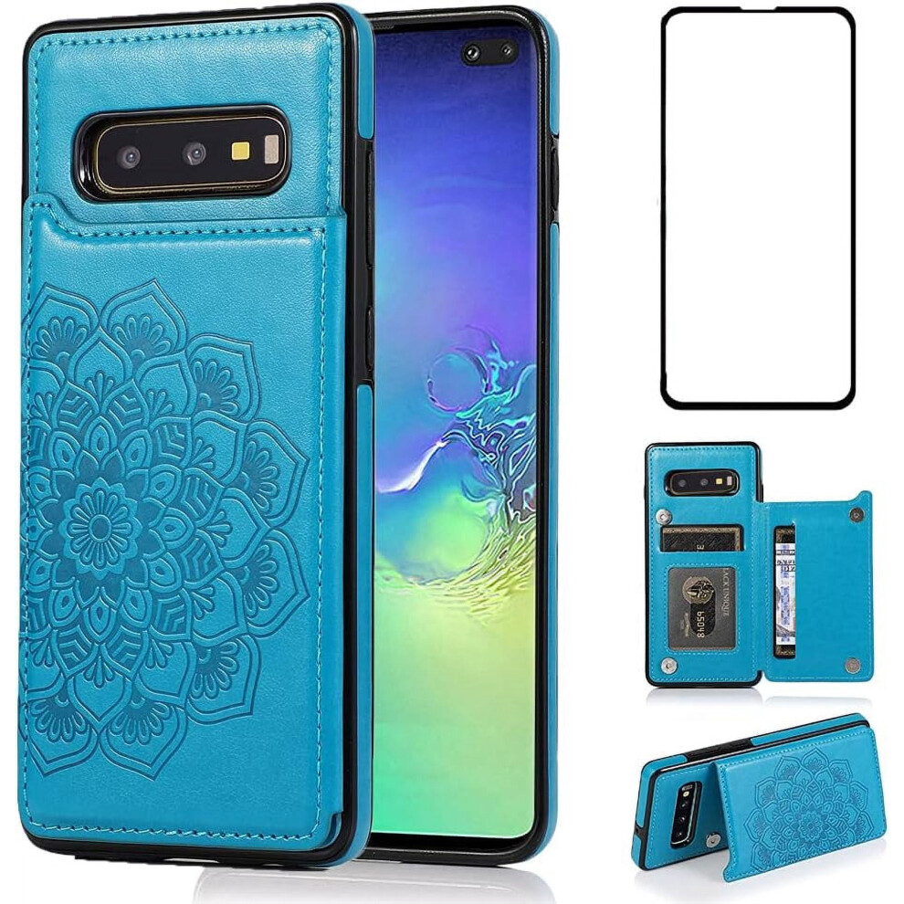 Samsung Galaxy S10e Case With Tempered Glass, Pu Leather Wallet, Card Slot, Stand & Kickstand Â Blue 9023022585462