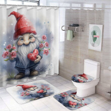 4-Pc Shower Curtain Set with Rugs, Gnome & Heart Design, 72"x72", 12 Hooks, Valentine's Day Decor