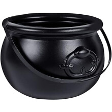 Large Halloween Cauldron – 7.4" Black Plastic Witch Pot with Handle, Vintage Candy Bowl & Decor, Compatible with Trick or Treat