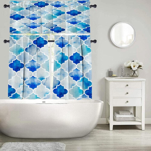 Blue Morocco Kitchen Curtains Set Semi-Sheer 3-Pc 1