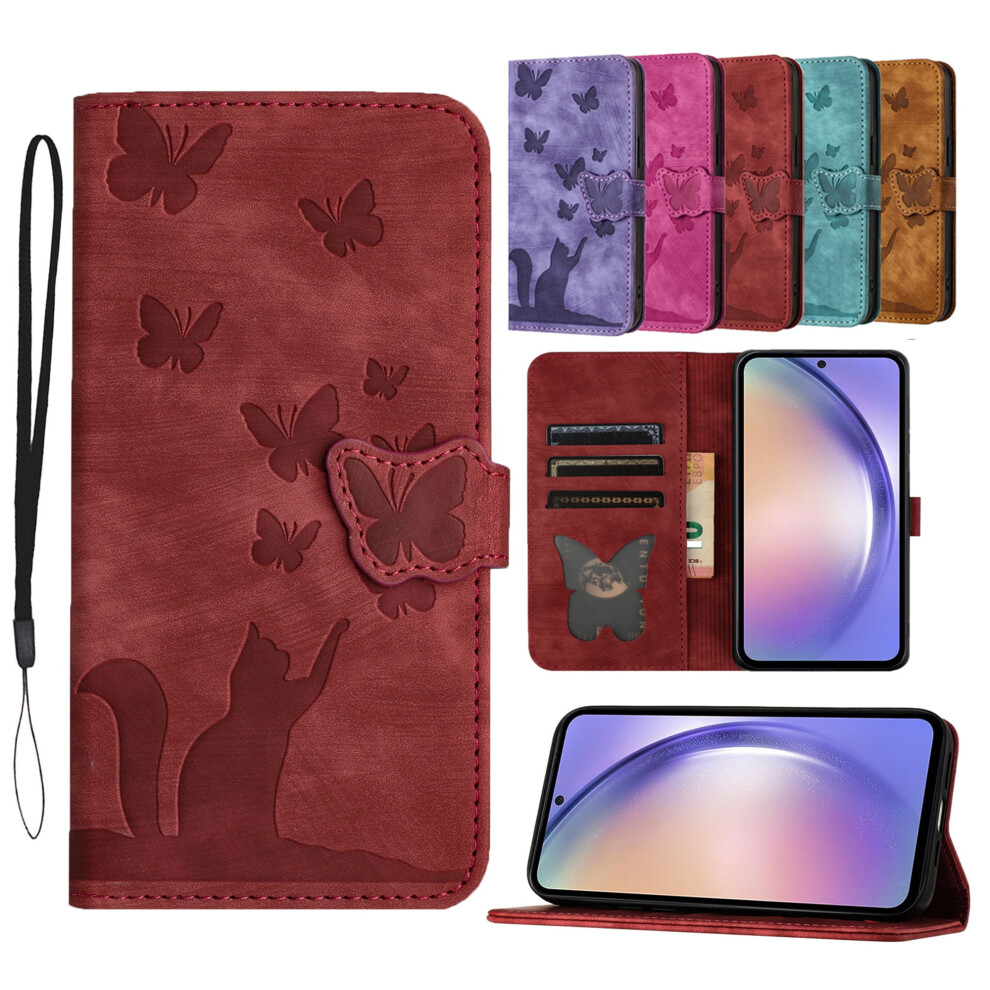 Iphone 16 Pro Max Wallet Case With Card Holder, Embossed Butterfly Cat Pu Leather Folio Flip, Shockproof Â Winered 9178400172939