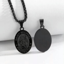 Men Saint St Michael Christopher Medal Necklace Stainless Steel Pendant Chain-Black Saint Michael
