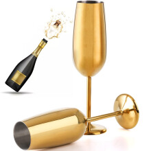 Lot de 2 flûtes à champagne incassables en acier inoxydable 18/10, 24 cl, avec pied, couleur or, idéales pour un mariage ou une fête.