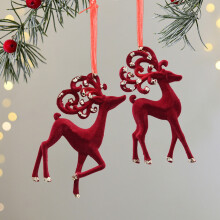 Red Velvet Christmas Reindeer Ornaments Flocked Reindeer Shape Hanging Ornaments Christmas Tree Decoration Glitter Reindeer Pendant