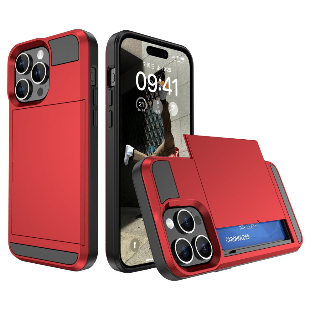 Iphone 14 Case With Id Card Holder, Dual-Layer Shockproof Slim Hard Shell Cover Â Compatible With Iphone 14 Red 9130661147835