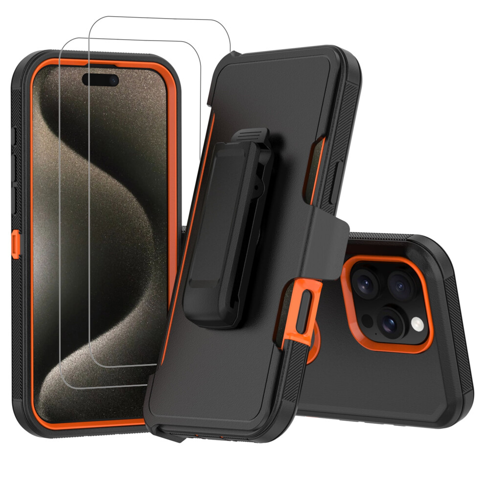 Case For Compatible With Iphone 16 Pro Heavy Duty Shockproof Dustproof Phone Case With Screen Protector Tempered Glass & Belt Clip, Black/ Orange Orange,Black 974856484669
