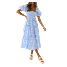 Robes d'été pour femmes 2024 - Robe midi fluide à carreaux bohèmes, manches bouffantes et volants, style plage (Bleu, XL)