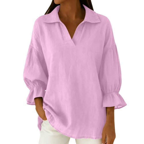 Women's V-Neck Blouse Three-Quarter Sleeve Solid Color 2