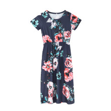 Girls' Princess Dress with Flower Print, Short Bubble Sleeves, Above-Knee Length – Compatible with Kids 10-12, Blue (80)