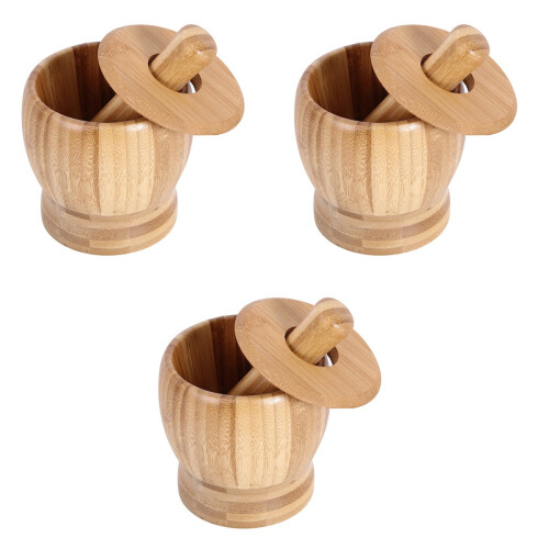 3Pièces Ensemble Pilon À Ail Couvercle En Bois Couleur Khaki