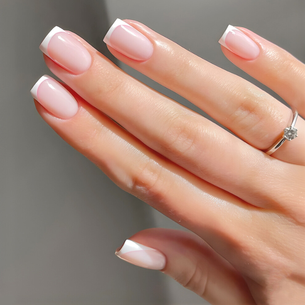 Dachuang Beauty Pink,White Shiny Pink Fake Nails With White Edge