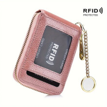 RFID Credit Card Holder in Genuine Leather, Multi-Compartment Wallet with Detachable Keychain – Pink, Compatible with Standard Cards