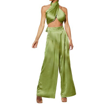 Zweiteiliges Set für Damen, Damen-2-teiliges Outfit, sexy Neckholder-Crop-Top mit gekreuztem Rücken, einfarbige High-Waist-Hose mit weitem Bein