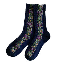 1 Paar warme Damensocken mit mittelhohem Schaft, Blumenmuster, Ethno-Print, Rundhalsausschnitt, für Herbst und Winter, Dunkelblau