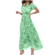 Dames zomerjurk met bloemenprint, V-hals, korte mouwen, lange pasvorm – Groen, maat L (compatibel met Amazon)