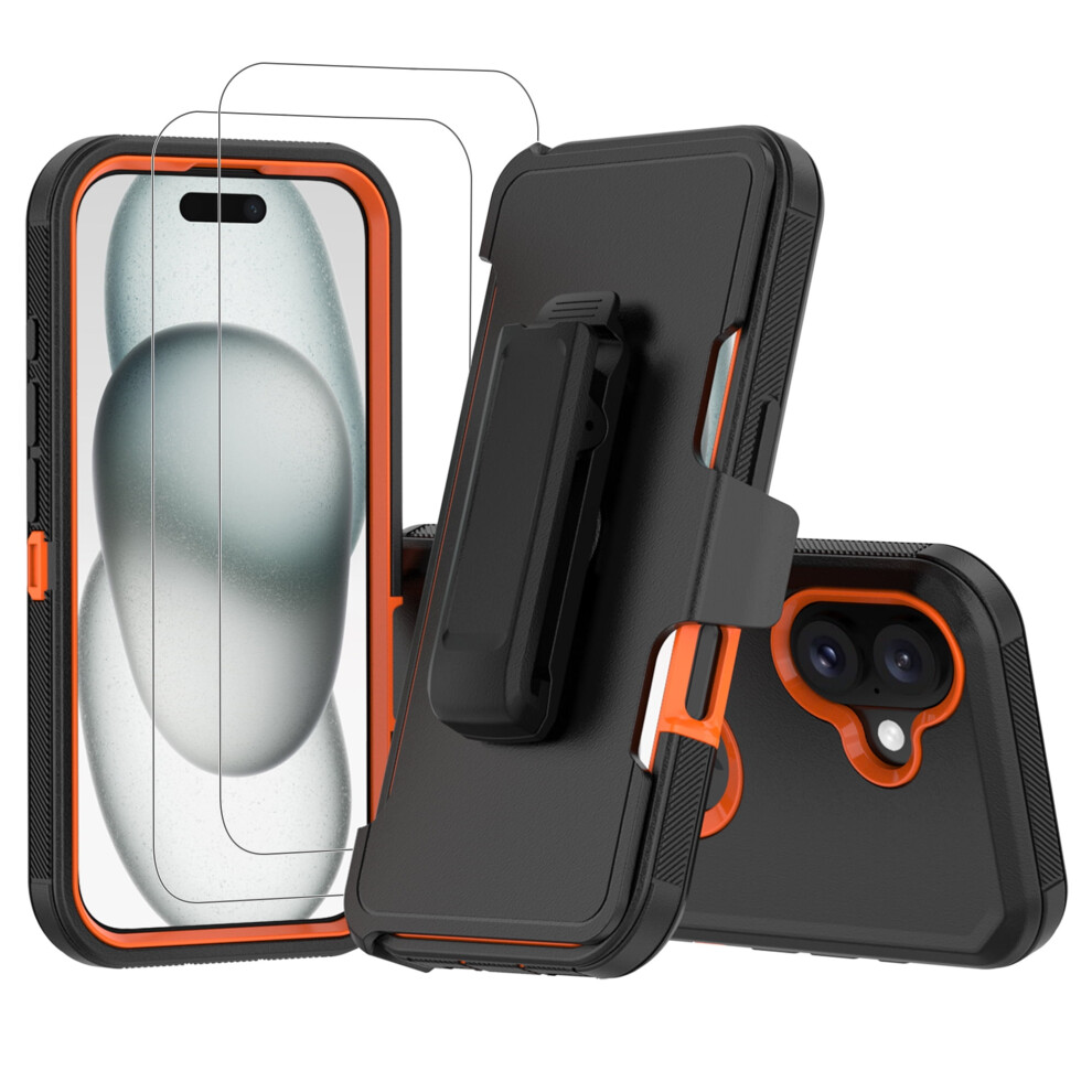 Case For Compatible With Iphone 16 Heavy Duty Shockproof Dustproof Phone Case With Screen Protector Tempered Glass & Belt Clip, Black/ Orange Orange,Black 9327961906884