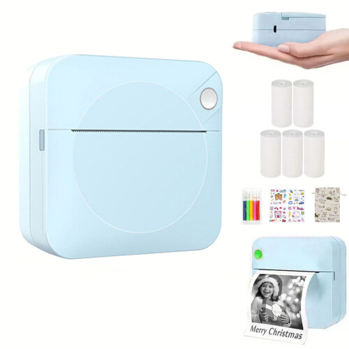 Christmas Portable Photo Printer, Wireless Bluetooth Pocket Printer for Study Notes & Wrong Questions, Compact, 5 Rolls, Blue – Compatible with 1