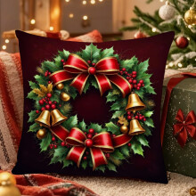 Housse de coussin de Noël améliorée 45x45cm avec motif festif et nœud décoratif pour canapé, coussin décoratif en lin Q