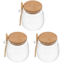 3Pièces Contenants De Rangement En Verre Transparent Couvercle Bois