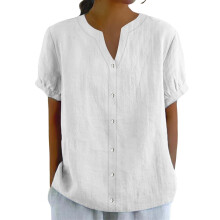 Blusa de mujer de gasa de lino de manga corta con botones, color blanco, talla 3XL