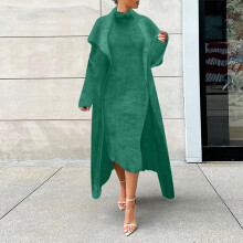 Herfst- en winterjurk/jasje, tweedelig pak met losse riem en lange cardigan (groen, maat S)