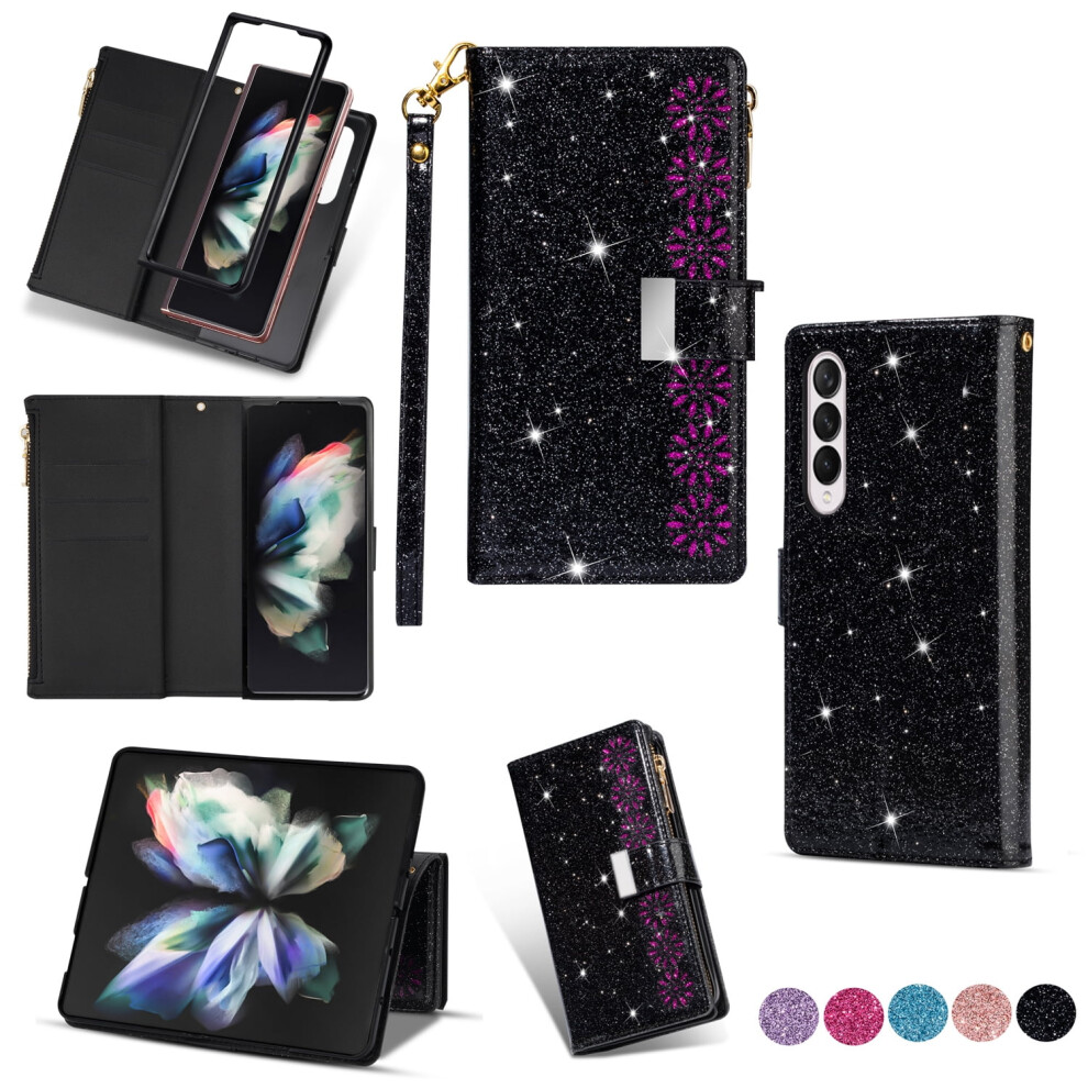 Cute Shiny Flip Wallet Case W/ Wrist Strap For Galaxy Z Fold 7 (2025) 8.2", Built-In Stand, 9 Card Slots, Zipper Pocket, Pu Leather, Â Black 9193271260004