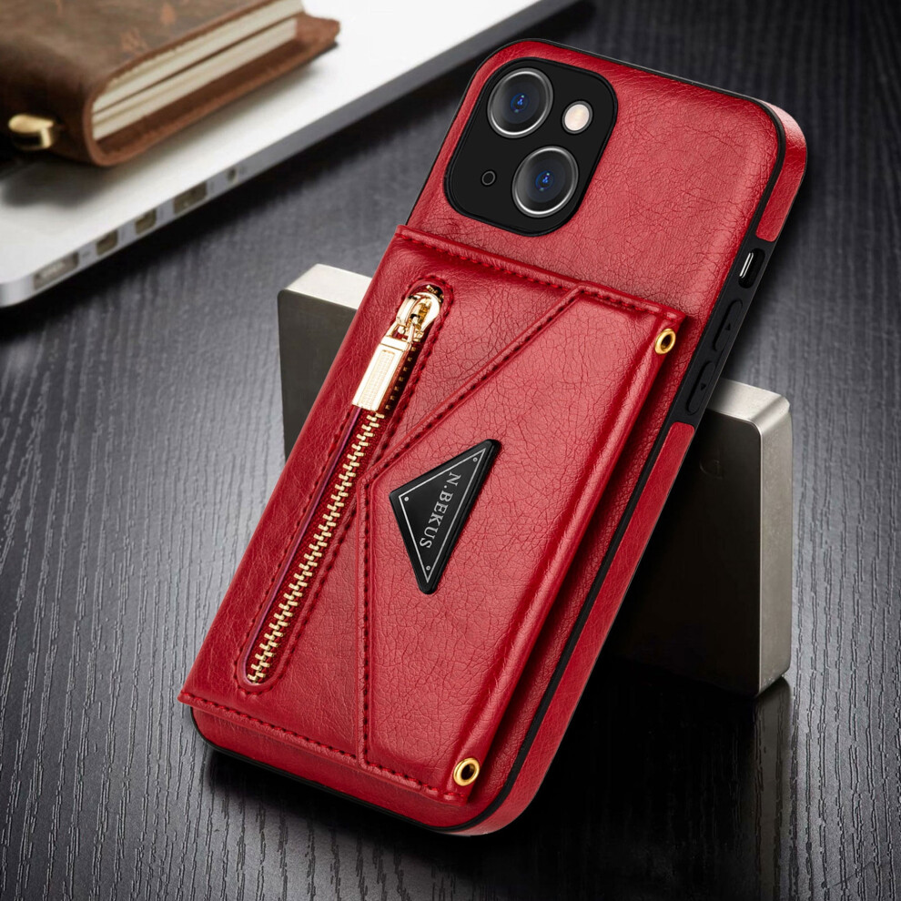 Shockproof Card Holder Wallet Back Case For Compatible With Iphone 13 6.1", Pu Leather + Silicone, Kickstand & Cross-Body Strap, Red 9193271260288