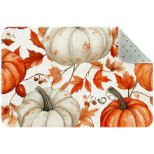 Washable Kitchen Rug – Thanksgiving Orange/White Pumpkin & Leaves Design, Non-Slip Indoor Door Mat for Entryway, Bathroom, Bedroom; Compatible with