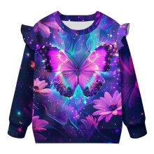 Toddler Girl Ruffled Shoulder Sweatshirt 1-2T Long Sleeve Crewneck Purple Butterfly Pullover Tops Sweater, Breathable Shirts for Daily Wear & School