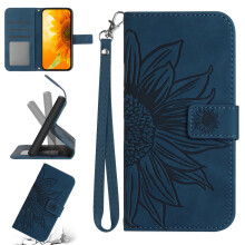 Slim Sunflower PU Leather Wallet Case for Google Pixel 9/9 Pro, Magnetic Closure, Card Slots, Stand, Hand Strap, Inkblue