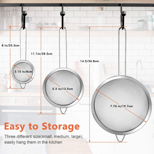 3 Pcs Super Wire Extra Fine Mesh Strainer with Handle, Small Medium Large Size Sifter Metal Strainer Set 1