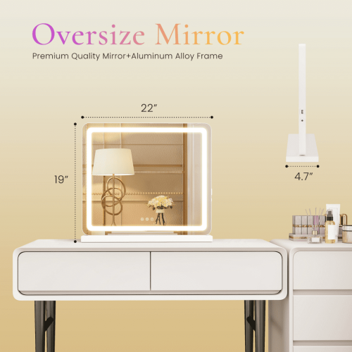 Vanity Mirror With Lights, LED Makeup Mirror With Dimmable 3 Color Modes, Touch Screen Control Vanity Based Mirror Desk Mirror Square White 2