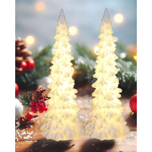 2 White Resin Tabletop Christmas Trees with Lights, 8.3 in