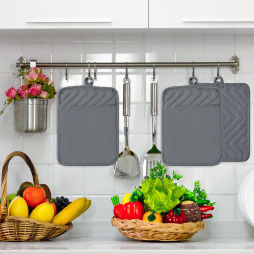 Cotton Washable Baking Oven Mitt Set, 6-Piece Grey Rectangle Pot Holders for Kitchen Cooking 1