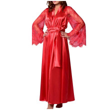 Ladies Lace Dressing Gown Women Long Silk Robe Maxi Satin Robes V Neck Nightdress With thong Long Sleeve Bathrobe Red 2XL