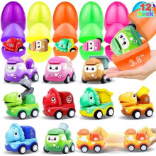 12 Pack 3.8 Inch Large Easter Eggs with Pull Back Cars and Dinosaur Construction Vehicles Toys for Kids Easter Basket Stuffers Party Favors Gifts