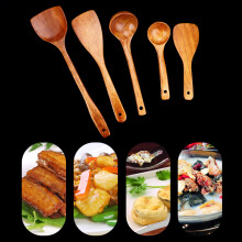 Superior Wooden Kitchen Utensil Set 5 Piece Cooking Tools Spatula Frying Spatula Soup Spoon Rice Spoon Curved Spoon