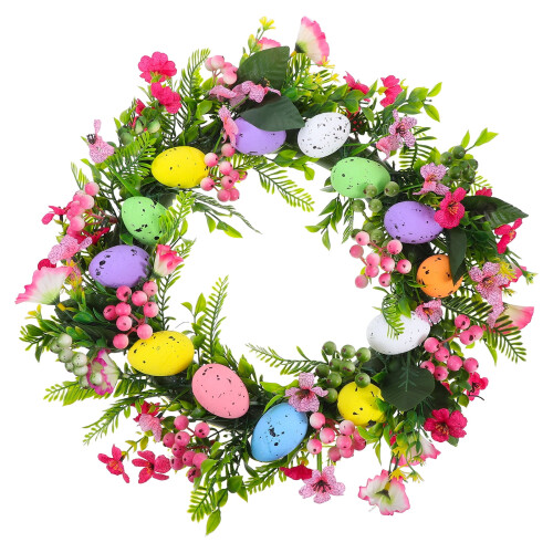 Fargerike egg og blomster dørkrans lammeører girlander påskehare