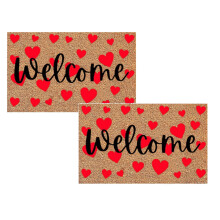 2/1pcs Valentine's Day Natural Coir Door Mat Red Black Heart Pattern Welcome Mat Entrance Door Rugs for Indoor Outdoor Home Bathroom Decor