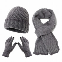 Women's 3-Piece Scarf, Hat & Gloves Set – Acrylic, Color-Blocked, Foldable, Gray – Compatible with Winter Outdoor Use
