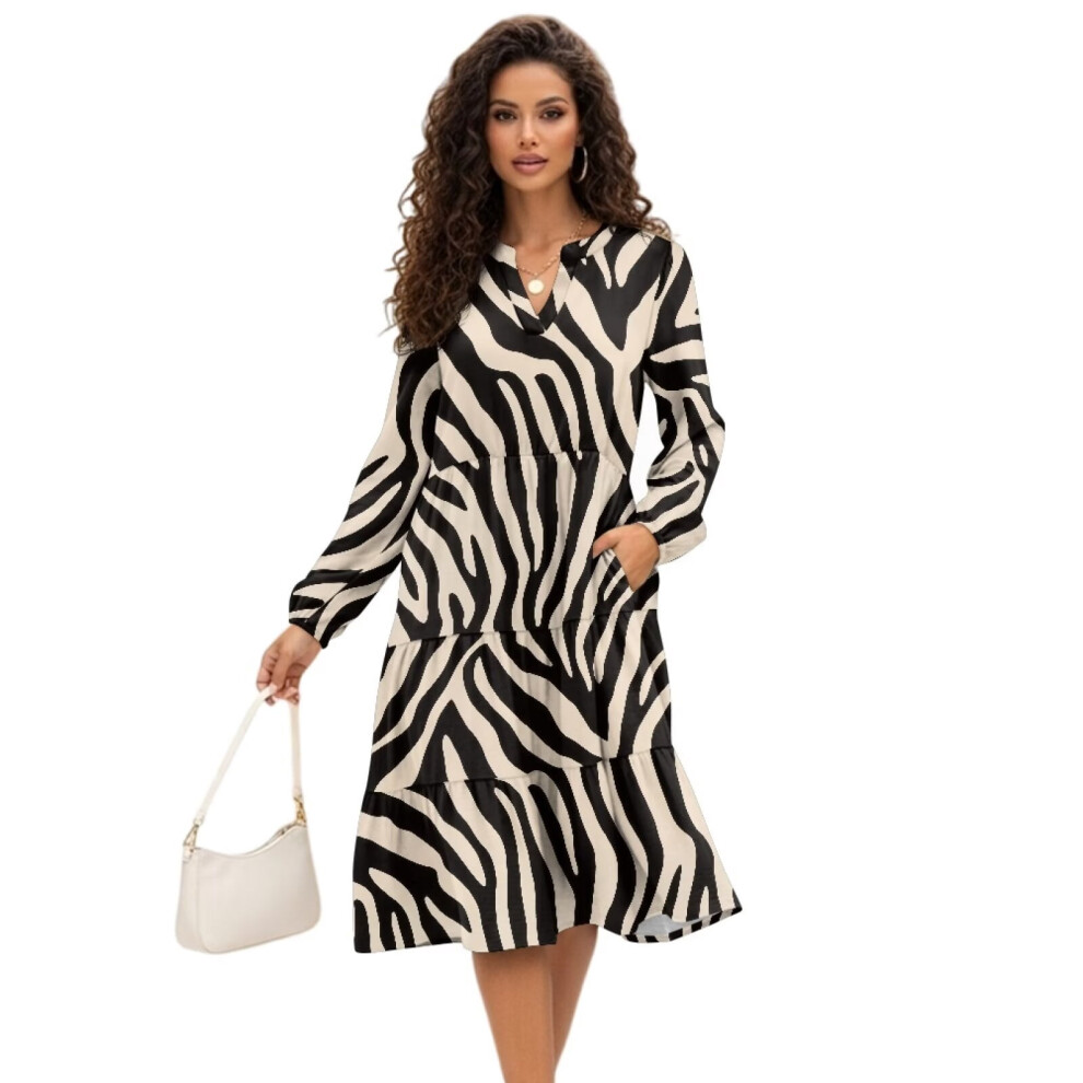 Zebra Print Ruffled Midi Dress With Pockets V Neck Elastic 9399596776750