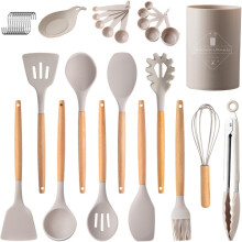 33-Pc Kitchen Utensil Set: Non-Stick Silicone Spatulas with Wooden Handles & Holder, Khaki – Compatible with All Cookware