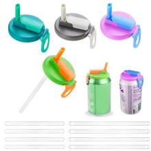4-Pack Soda Can Lids with BPA-Free Silicone Straw, Reusable, Compatible with Standard Canned Beverages